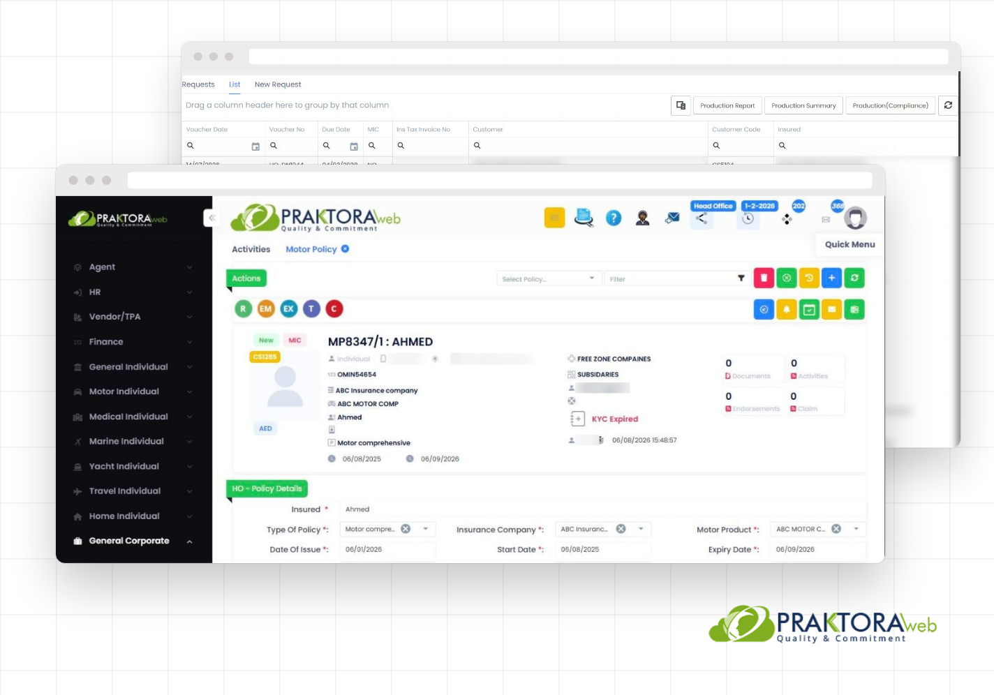 PraktoraWeb Motor Policy screen in a browser frame